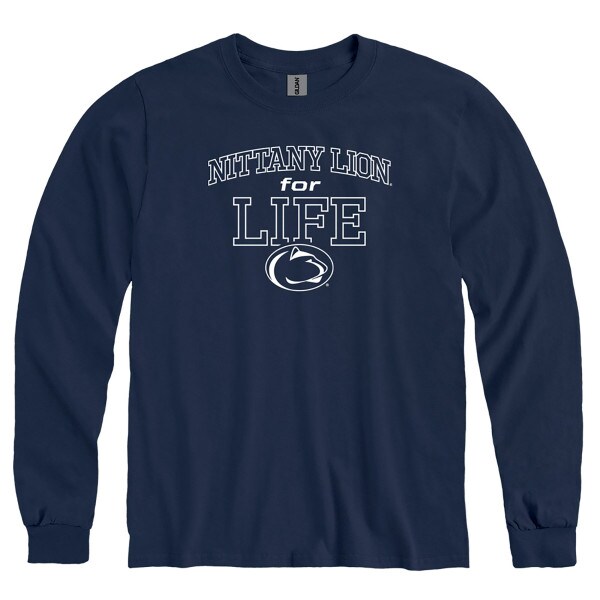 navy long sleeve t-shirt with Nittany Lion for Life above Penn State Athletic Logo
